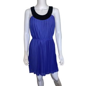 Black beaded neckline blue chiffon pleated dress